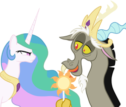 Size: 1000x846 | Tagged: safe, artist:licklesoxy, discord, princess celestia, alicorn, pony, accessory theft, angry, celestia is not amused, cutie mark, discord being discord, lollipop, this will end in pain, this will end in petrification, varying degrees of amusement