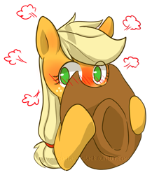 Size: 727x800 | Tagged: safe, artist:sion, applejack, earth pony, pony, ask pet applejack, blushing, covering, simple background, solo