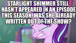 Size: 1280x720 | Tagged: safe, edit, edited screencap, screencap, starlight glimmer, pony, unicorn, season 8, spoiler:s08, blatant lies, caption, critical research failure, crying, image macro, meme, op is a cuck, op isn't even trying anymore, wrong