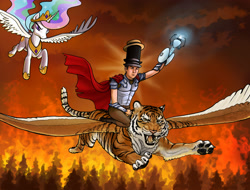 Size: 2940x2238 | Tagged: safe, artist:blangoog, princess celestia, big cat, human, tiger, awesome, fire, flying, hat, portal (valve), portal gun, team fortress 2