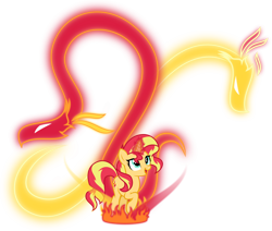 Size: 6000x5094 | Tagged: safe, artist:orin331, sunset shimmer, dragon, hybrid, phoenix, pony, unicorn, campfire tales, absurd resolution, cute, dragon spirit, female, fiery shimmer, fire, fire magic, glowing horn, looking up, magic, magic dragon, mare, open mouth, raised hoof, shimmerbetes, simple background, smiling, transparent background