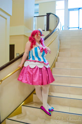 Size: 2592x3872 | Tagged: safe, artist:rhapsodey, pinkie pie, human, clothes, cosplay, dignified wear, dress, flats, gala dress, irl, irl human, photo, sakura con, solo, stairs