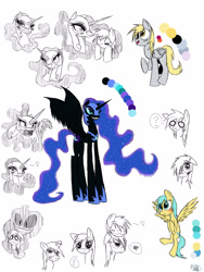 Size: 1200x1600 | Tagged: safe, artist:didun850, derpy hooves, nightmare moon, sunshower raindrops, alicorn, pegasus, pony, :3, blushing, ethereal mane, eyes closed, female, grin, heart, helmet, hoof shoes, mare, nightmare mlem, pictogram, question mark, scared, smiling, starry mane, tongue out, white eyes