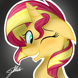 Size: 768x768 | Tagged: safe, artist:sweetkllrvane, sunset shimmer, pony, bust, grin, one eye closed, portrait, signature, smiling, solo, wink