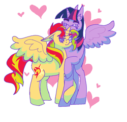 Size: 960x924 | Tagged: safe, artist:instantlymoist, sunset shimmer, twilight sparkle, twilight sparkle (alicorn), alicorn, pony, alicornified, biting, cuddling, cute, ear bite, eyes closed, female, heart, hug, lesbian, one eye closed, race swap, shimmerbetes, shimmercorn, shipping, simple background, sunsetsparkle, twiabetes