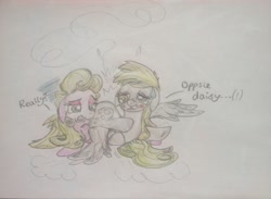 Size: 2100x1534 | Tagged: artist needed, safe, daisy, derpy hooves, flower wishes, pegasus, pony, blushing, derisy, embarrassed, female, mare, pun, shipping, simple background, sweat, traditional art, unamused