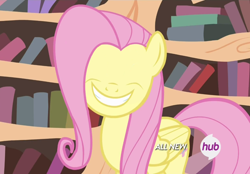 Size: 1036x720 | Tagged: safe, fluttershy, pegasus, pony, three's a crowd, hub logo, no eyes, smiling, solo, something