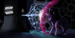 Size: 1618x824 | Tagged: safe, artist:millenniumfalsehood, derpibooru import, twilight sparkle, cover, crossover, darth sidious, death star, emperor palpatine, fanfic, fight, force field, force lightning, mad with power, sadism, star wars, you monster