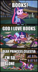 Size: 820x1540 | Tagged: safe, derpibooru import, edit, edited screencap, screencap, twilight sparkle, equestria girls, equestria girls (movie), berk, book, derp, i'm so alone, meme, that pony sure does love books