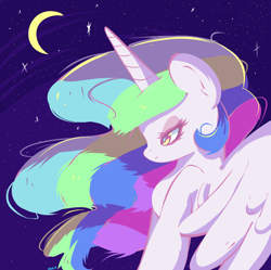 Size: 1246x1242 | Tagged: safe, artist:aquadiamonds, princess celestia, alicorn, pony, female, horn, mare, multicolored mane, night, solo, white coat