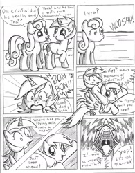 Size: 1360x1747 | Tagged: safe, artist:quarium, bon bon, derpy hooves, lyra heartstrings, sweetie drops, pegasus, pony, comic, female, mare, monochrome