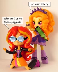 Size: 693x868 | Tagged: safe, artist:whatthehell!?, edit, adagio dazzle, sunset shimmer, equestria girls, boots, bottle, bracelet, clothes, crown, doll, equestria girls minis, eqventures of the minis, funny, irl, jacket, jewelry, merchandise, photo, regalia, safety goggles, shoes, toy