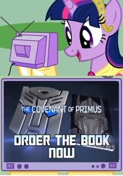 Size: 423x603 | Tagged: safe, derpibooru import, twilight sparkle, twilight sparkle (alicorn), alicorn, pony, exploitable meme, female, mare, meme, obligatory pony, the covenant of primus, transformers, tv meme