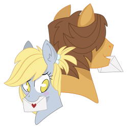 Size: 955x957 | Tagged: safe, artist:dbkit, derpy hooves, hoops, pegasus, pony, alternate hairstyle, blush sticker, blushing, bust, ditzyhoops, female, letter, mare, pen pals