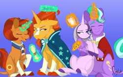 Size: 1024x647 | Tagged: safe, artist:colourstrike, firelight, starlight glimmer, stellar flare, sunburst, pony, unicorn, the parent map, cookie, father and child, father and daughter, fathers gonna father, female, food, glowing horn, headscarf, hug, magic, male, milk, mother and child, mother and son, mothers gonna mother, parent and child, scarf, smiling, socks (coat marking), starlight is not amused, sunburst is not amused, telekinesis, unamused