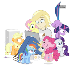 Size: 1140x1020 | Tagged: safe, artist:dm29, derpibooru import, applejack, fluttershy, pinkie pie, rainbow dash, rarity, twilight sparkle, oc, oc:colin nary, earth pony, human, pegasus, pony, unicorn, coffee mug, computer, cross-eyed, cursor, cute, female, filly, filly applejack, filly fluttershy, filly pinkie pie, filly rainbow dash, filly rarity, filly twilight sparkle, frown, human ponidox, julian yeo is trying to murder us, laptop computer, mane six, milestone, open mouth, party horn, puffy cheeks, simple background, sitting, smiling, suspended, tail pull, transparent background, wide eyes, younger