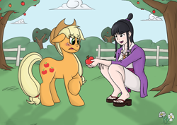 Size: 1610x1138 | Tagged: safe, artist:hamflo, applejack, human, ace attorney, apple, crossover, maya fey