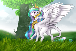 Size: 2500x1700 | Tagged: safe, artist:nessacity, princess celestia, alicorn, classical unicorn, pony, leonine tail, solo