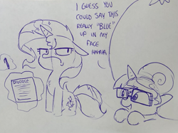 Size: 1643x1231 | Tagged: safe, artist:tjpones, sci-twi, sunset shimmer, twilight sparkle, pony, series:sciset diary, bad pun, blueberry, chest fluff, equestria girls ponified, female, floppy ears, food, frown, glasses, lesbian, lineart, magic, monochrome, ponified, pun, sciset's blueberry divorce, scitwishimmer, shipping, sunset shimmer is not amused, sunsetsparkle, telekinesis, this will end in divorce, traditional art, unamused