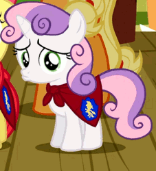 Size: 360x396 | Tagged: safe, apple bloom, applejack, sweetie belle, earth pony, pony, one bad apple, animated, cape, clothes, cute, diasweetes, pouting, sad