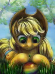 Size: 1188x1584 | Tagged: safe, artist:viwrastupr, applejack, earth pony, pony, apple, eyes on the prize, grass, prone, solo, zap apple