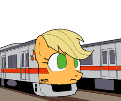 Size: 540x452 | Tagged: safe, artist:tetsutowa, applejack, earth pony, pony, pixiv, simple background, solo, train, train pony, wat, what has science done, white background, why