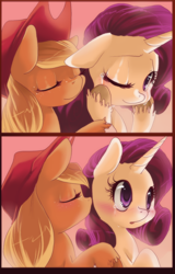 Size: 640x1000 | Tagged: dead source, safe, artist:loyaldis, applejack, rarity, earth pony, pony, unicorn, crying, female, floppy ears, kissing, lesbian, rarijack, shipping, unshorn fetlocks