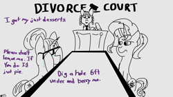 Size: 1920x1080 | Tagged: safe, artist:changeling-collective, sci-twi, sunset shimmer, twilight sparkle, oc, pegasus, pony, unicorn, series:sciset diary, bad pun, courtroom, crying, dialogue, divorce, equestria girls ponified, female, gavel, glasses, judge, lesbian, ponified, pun, sciset's blueberry divorce, scitwishimmer, shipping, simple background, sunsetsparkle, this will end in divorce, white background