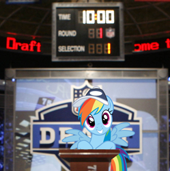 Size: 896x899 | Tagged: safe, derpibooru import, rainbow dash, american football, baseball cap, cap, hat, irl, nfl, nfl draft, photo, ponies in real life, sports, youtube link