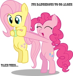 Size: 872x916 | Tagged: safe, artist:insanekitteh, artist:linkitch, artist:speccysy, fluttershy, pinkie pie, pegasus, pony, bipedal, cute, diapinkes, eyes closed, holding a pony, hoof hold, image macro, it's dangerous to go alone, juice box, meme, open mouth, quote, reference, shyabetes, simple background, smiling, take this, the legend of zelda, white background
