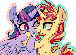 Size: 900x650 | Tagged: safe, artist:phyllismi, sunset shimmer, twilight sparkle, twilight sparkle (alicorn), alicorn, pony, unicorn, blushing, boop, cute, female, lesbian, looking at each other, mare, noseboop, one eye closed, shimmerbetes, shipping, sunsetsparkle, twiabetes