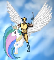 Size: 800x884 | Tagged: safe, princess celestia, human, crossover, flying, mutant, riding, wolverine, x-men