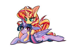 Size: 1900x1360 | Tagged: safe, artist:phyllismi, sunset shimmer, twilight sparkle, twilight sparkle (alicorn), alicorn, pony, unicorn, cuddling, female, lesbian, mare, shipping, simple background, sunsetsparkle