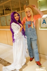 Size: 851x1280 | Tagged: safe, artist:lil-kute-dream, artist:rappydemon, applejack, rarity, human, convention, cosplay, irl, irl human, overalls, pacific media expo, photo