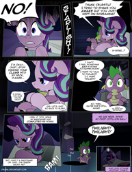 Size: 1275x1650 | Tagged: safe, artist:dsana, spike, starlight glimmer, twilight sparkle, twilight sparkle (alicorn), alicorn, dragon, pony, unicorn, comic:the shadow shard, comic, crying, floppy ears, hug, sleeping