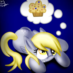 Size: 1280x1280 | Tagged: safe, artist:paulpeopless, derpy hooves, pegasus, pony, female, food, mare, muffin, prone, thought bubble