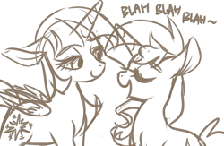 Size: 1000x650 | Tagged: safe, artist:phyllismi, sunset shimmer, twilight sparkle, twilight sparkle (alicorn), alicorn, pony, unicorn, bedroom eyes, blah blah blah, dialogue, eyes closed, female, floppy ears, lesbian, lidded eyes, mare, monochrome, shipping, sketch, sunsetsparkle