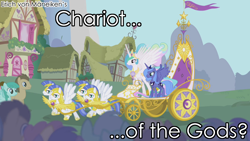 Size: 1280x720 | Tagged: safe, edit, edited screencap, screencap, princess celestia, princess luna, alicorn, alien, pony, friendship is magic, ancient astronauts, chariot, chariots of the gods, erich von däniken, ponified, royal guard, text