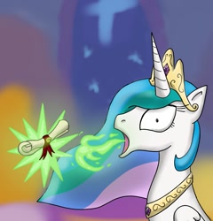 Size: 949x990 | Tagged: safe, artist:vanillafox2035, princess celestia, alicorn, pony, green fire, letter, open mouth, role reversal, solo