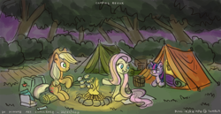 Size: 1280x659 | Tagged: safe, artist:king-kakapo, applejack, fluttershy, twilight sparkle, earth pony, pegasus, pony, 30 minute art challenge, appletwishy, campfire, camping, cooking, food, marshmallow, redraw, tent