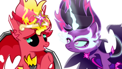 Size: 1024x576 | Tagged: safe, artist:yaycelestia0331, midnight sparkle, sci-twi, sunset satan, sunset shimmer, twilight sparkle, pony, equestria girls, equestria girls ponified, equestria's monster girls, midnightsatan, ponified, simple background, speedpaint, white background