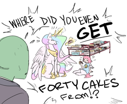 Size: 1765x1449 | Tagged: safe, artist:nobody, princess celestia, oc, oc:anon, oc:dawn, alicorn, pony, satyr, :t, and that's terrible, cake, cakelestia, cute, daughter, eating, eyes closed, family, father, female, happy, interspecies offspring, lex luthor, magic, mother, mother and child, mother and daughter, offspring, parent and child, parent:anon, parent:oc:anon, parent:princess celestia, sitting, smiling, spread wings, stealing, sweat, telekinesis