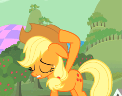 Size: 685x540 | Tagged: safe, screencap, applejack, earth pony, pony, the return of harmony, animated, apology, chaos, cropped, discorded landscape, hat off, regret, solo