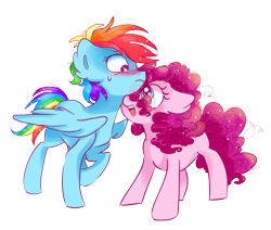 Size: 3792x3215 | Tagged: safe, artist:pinkablue, derpibooru import, pinkie pie, rainbow dash, earth pony, pegasus, pony, blushing, female, lesbian, mare, pinkiedash, raised hoof, shipping, simple background, smiling, transparent background