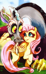 Size: 745x1200 | Tagged: safe, artist:mistytang, discord, fluttershy, draconequus, pegasus, pony, cloven hooves, female, looking at each other, male, mare, raised hoof, smiling