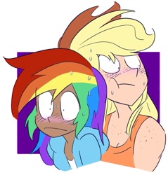 Size: 750x786 | Tagged: safe, artist:drawbauchery, artist:lordsauronthegreat, color edit, derpibooru import, edit, applejack, rainbow dash, human, appledash, applejack's hat, blushing, clothes, colored, cowboy hat, female, freckles, hat, hoodie, humanized, lesbian, shipping