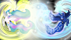 Size: 930x523 | Tagged: safe, artist:chanceyb, princess celestia, princess luna, alicorn, pony, magic, princess