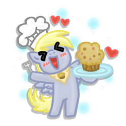 Size: 720x720 | Tagged: safe, artist:foxgirlkira, derpy hooves, pegasus, pony, ><, bipedal, blushing, cute, derpabetes, eyes closed, female, happy, hoof hold, mare, muffin, smiling, that pony sure does love muffins, xd