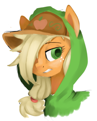 Size: 1285x1590 | Tagged: safe, artist:facerenon, applejack, earth pony, pony, clothes, hair over one eye, hat, hoodie, simple background, solo