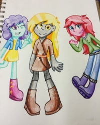 Size: 797x1002 | Tagged: safe, artist:imtailsthefoxfan, blueberry pie, derpy hooves, raspberry fluff, equestria girls, rainbow rocks, jem, kimber benton, shana elmsford, the muffins, traditional art